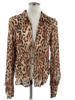 H&M Divided Women's Animal Print Tie-Front Blouse Sheer Ruffle Boho Brown XS